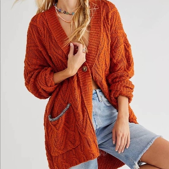 Free People Montana Cable Cardigan in Pumpkin Pie Size Small Gently Used - Picture 1 of 6